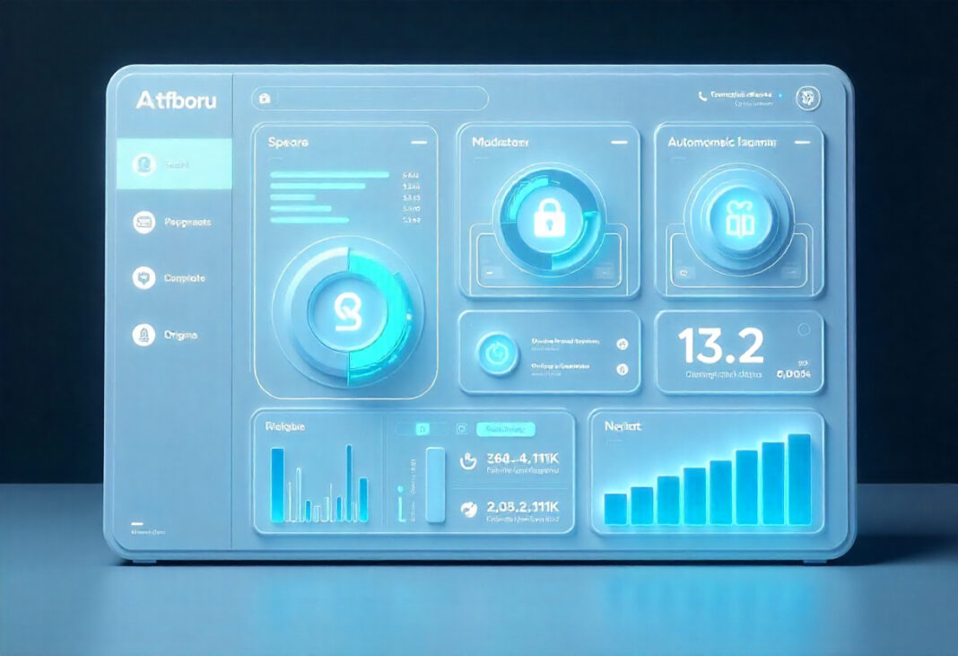Futuristic Atfboru dashboard interface displaying real-time autonomous agentic logic, on-chain behavioral metrics, post-quantum security status, and performance analytics in a sleek holographic design.