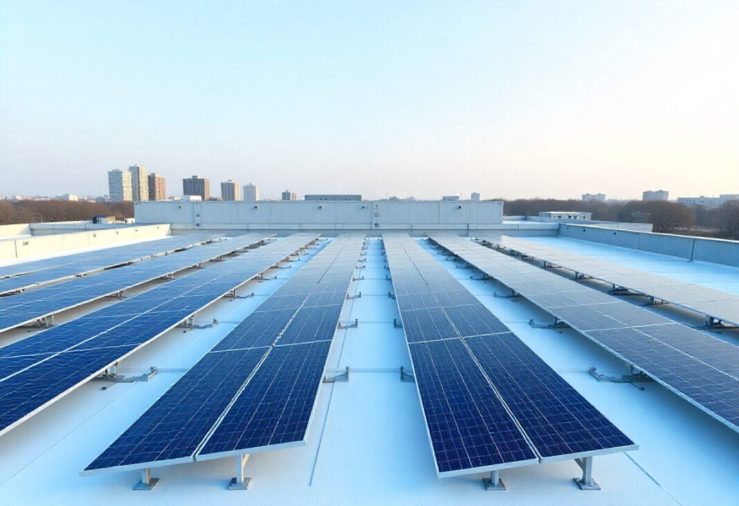 Large-scale HMS Photovoltaik solar panel installation on a commercial rooftop with snow-covered surface and city skyline in the background.