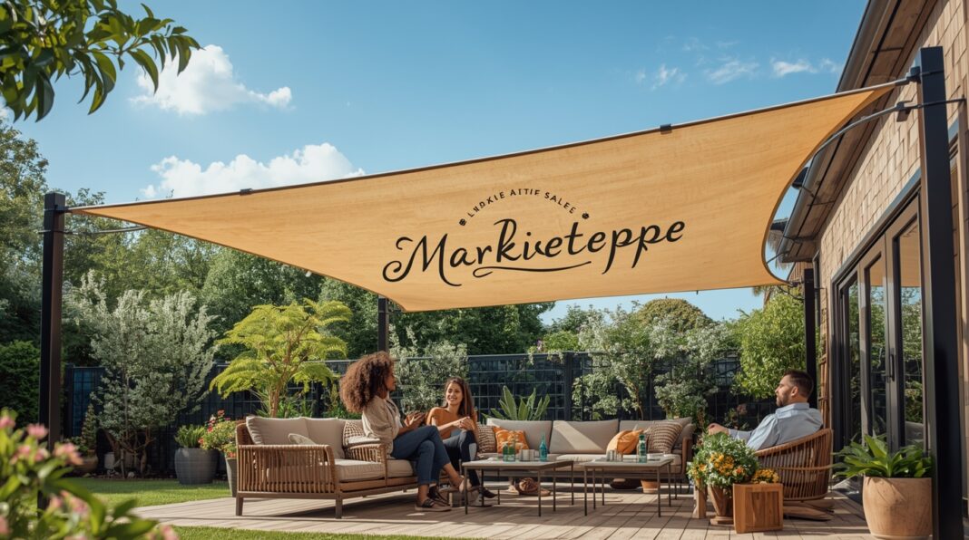 Modern backyard patio with comfortable outdoor furniture and a large beige markiseteppe (Nordic-style retractable awning) providing perfect shade on a sunny day, with three people chatting and laughing.